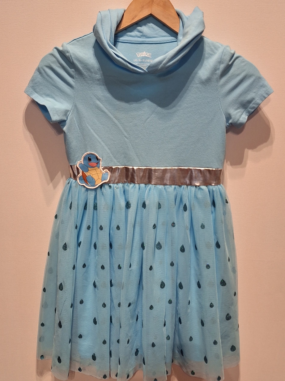 Pokemon Squirtle Hooded Dress Girls Size L 10/12 Blue Tulle Glitter Dress